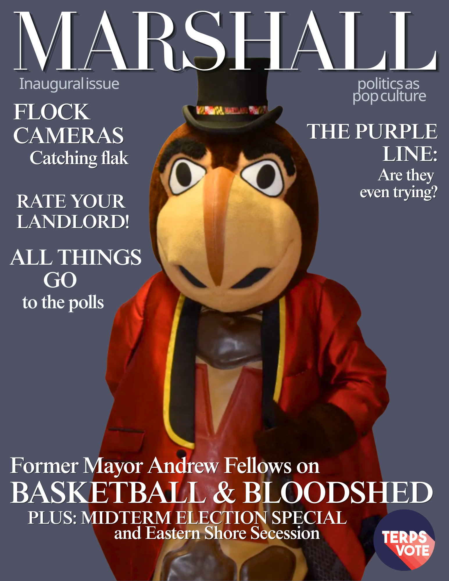 Magazine cover featuring Testudo in tophat and MARSHALL across top of page