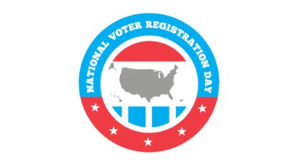 National voter registration day logo with outline of USA in middle surrounded by red and blue designs