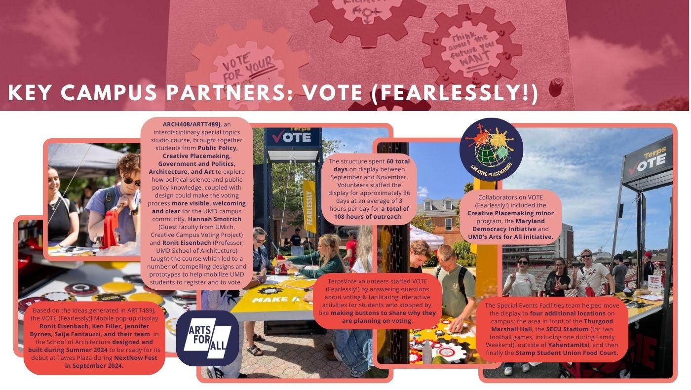 Page describing the TerpsVote partnership with VOTE (Fearlessly!), a mobile pop-up structure to support voter registration/education. 