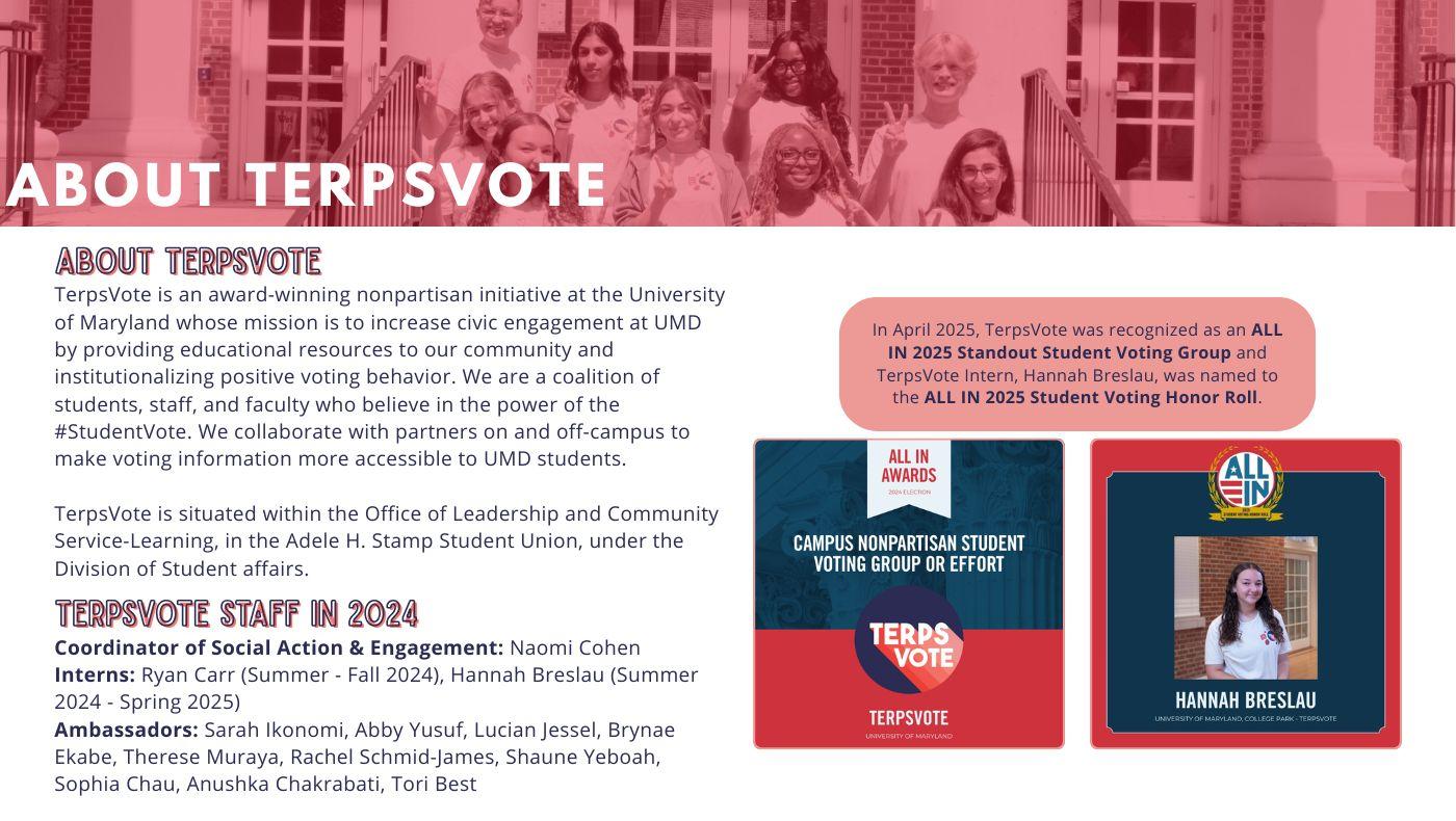 Page describing TerpsVote mission & listing staff from 2024. Images on the page show the two awards TerpsVote won in 2024.