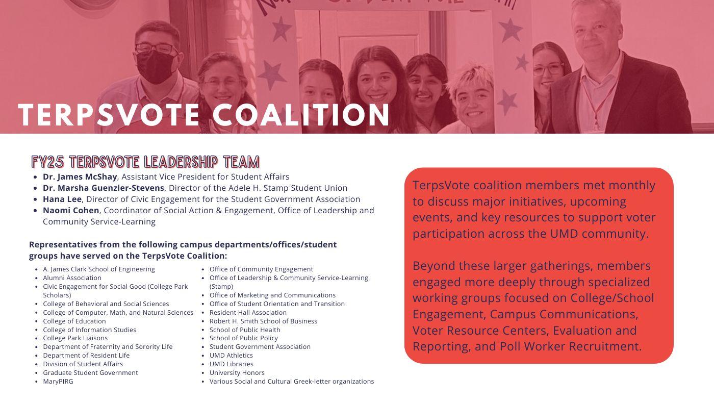 Page listing the areas of campus that TerpsVote Coalition members come from. List also includes names the specific co-chairs of the Coalition.