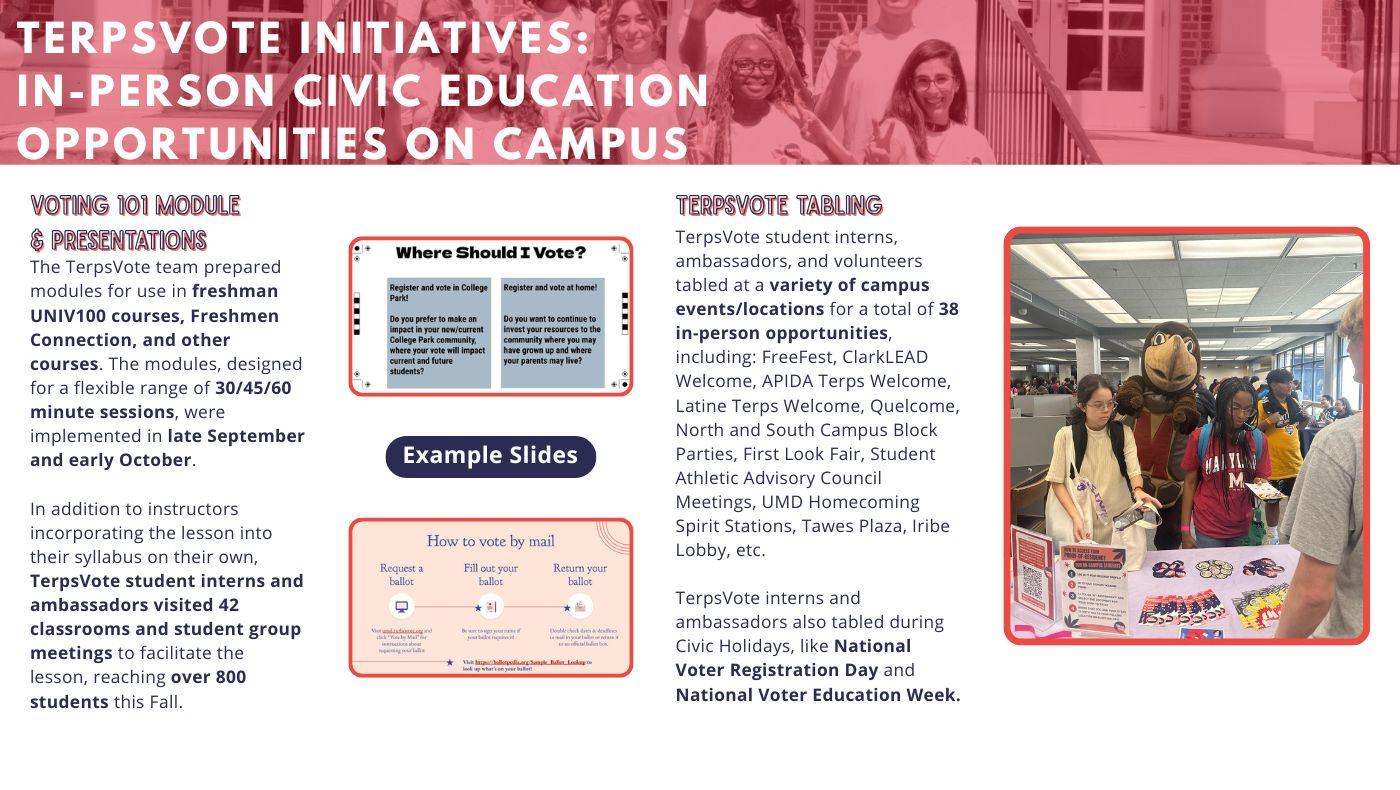 Page describing TerpsVote's main areas of outreach - tabling and class presentations