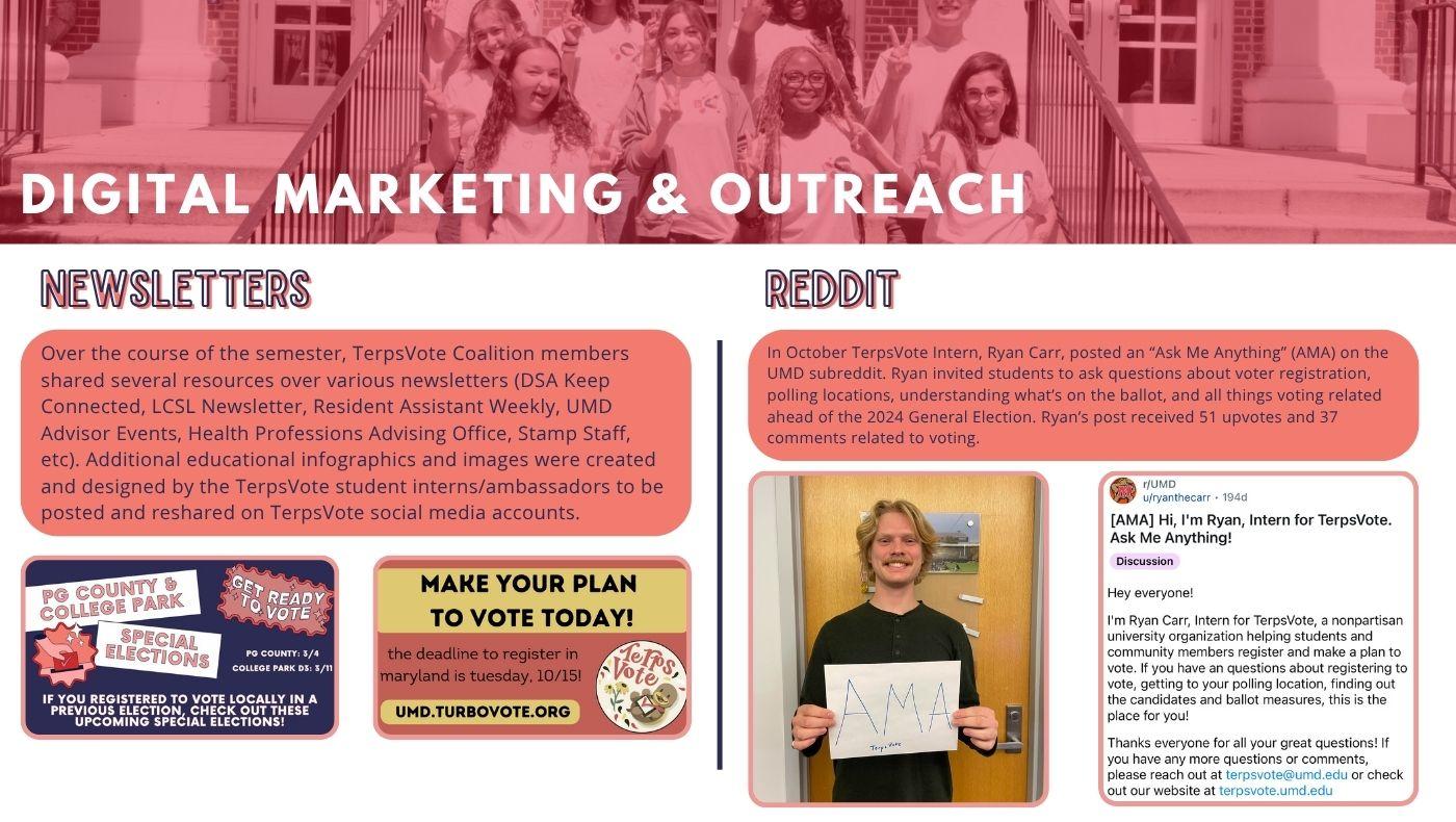 Page describing TerpsVote newsletters & the TerpsVote Intern Ask-Me-Anything post on the UMD subreddit. 