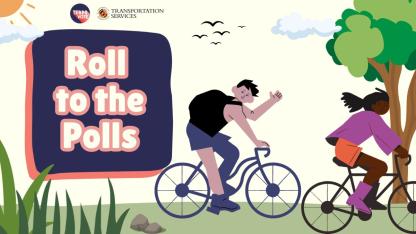 roll to the polls in text with two people riding bikes past trees